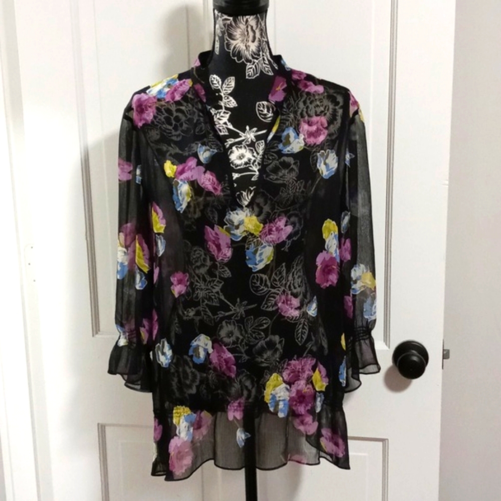 💜LOFT💜 - Black/Multi Floral Sheer L/S Top